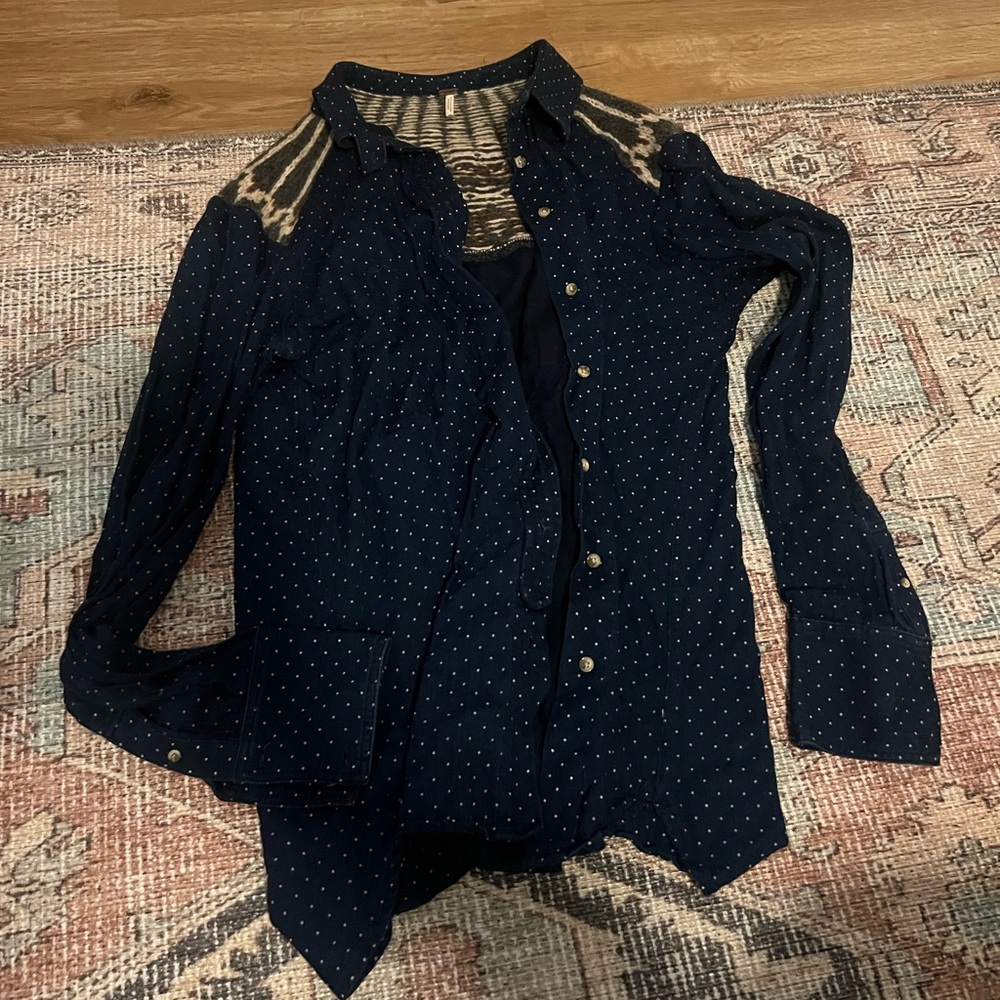 Free people, navy blue flannel top with polka dots